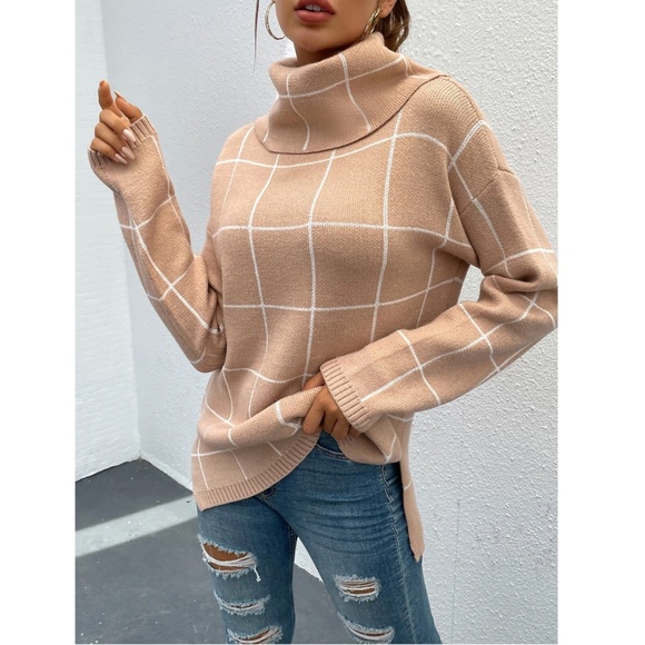 Tan Grid Printed Long Sweater Plaid Pattern Split Sides Pullover Turtleneck - Picture 6 of 12